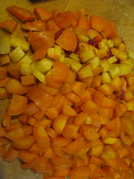3 varieties of carrots diced for our chowder