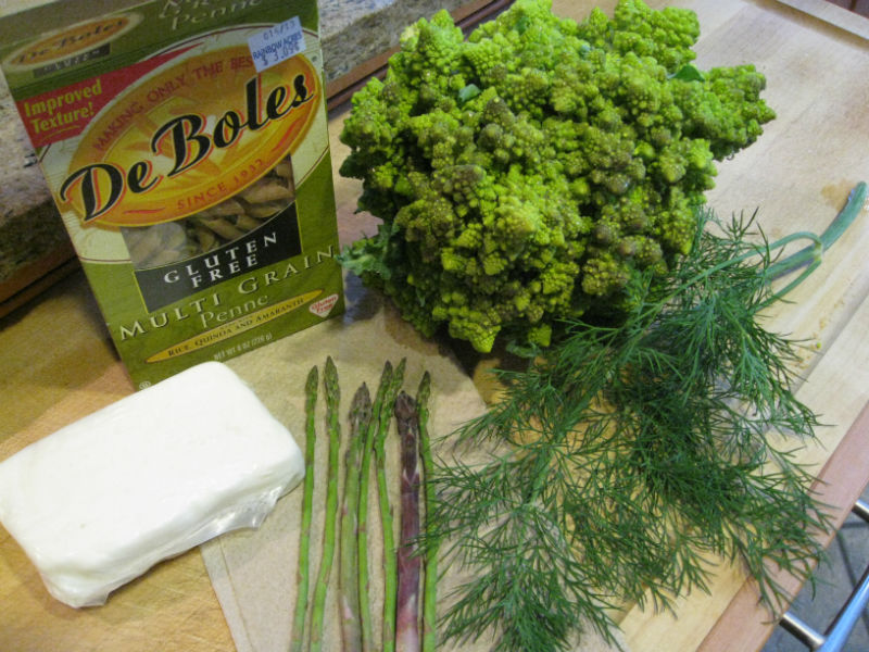 Romanesco, sheeps milk feta, asparagus, dill and gluten-free pasta
