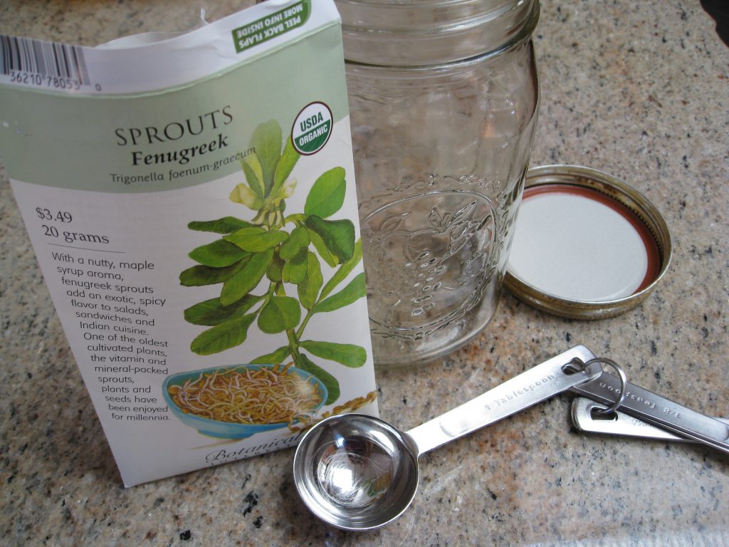 What you need: a Mason jar, measuring spoon, seeds, cheesecloth and a rubber band.