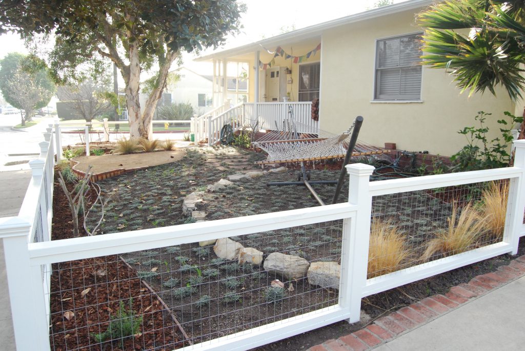 A new fence, dymondia  between flagstone, relocated plants and mulch all bring this garden together.  