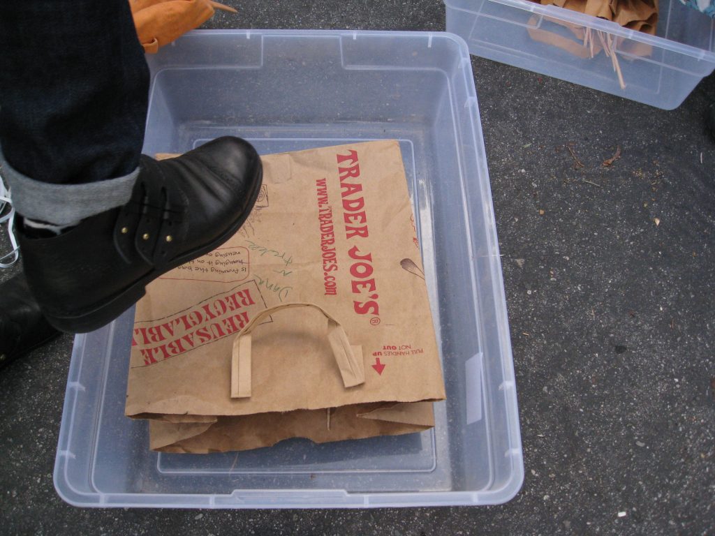 Step 1: Releasing the seeds from the pods. Stomping works well. 