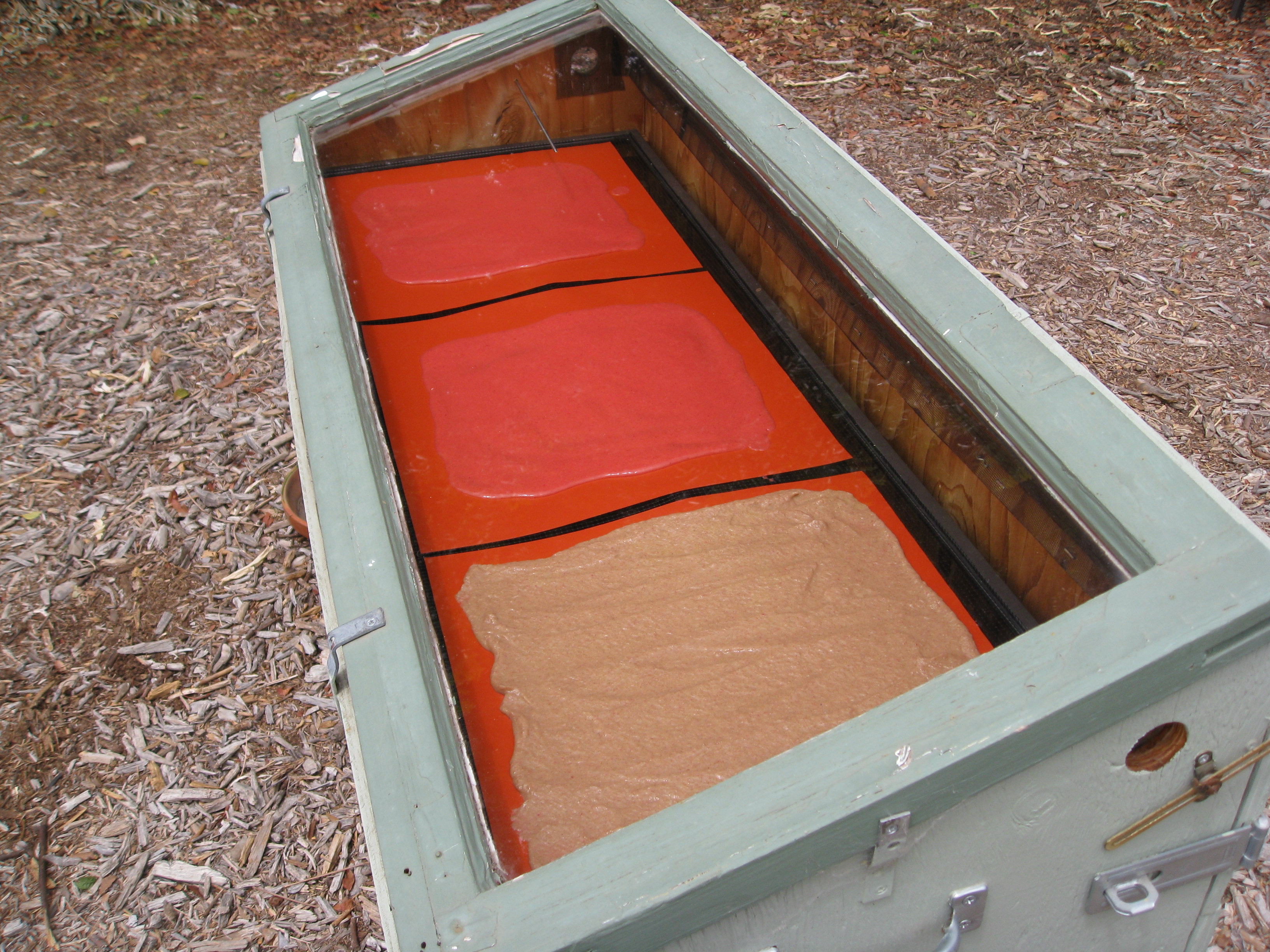 2 sheets of strawberry and 1 sheet of apple cinnamon fruit leather in the solar food dryer