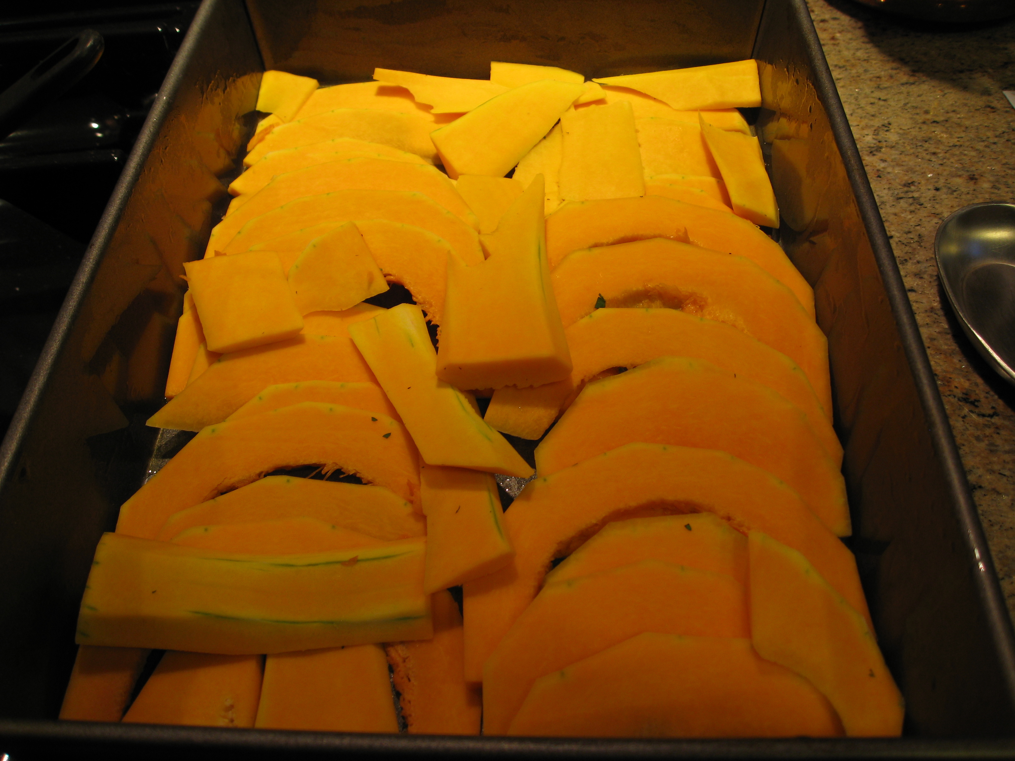 Butternut squash goes in first. 