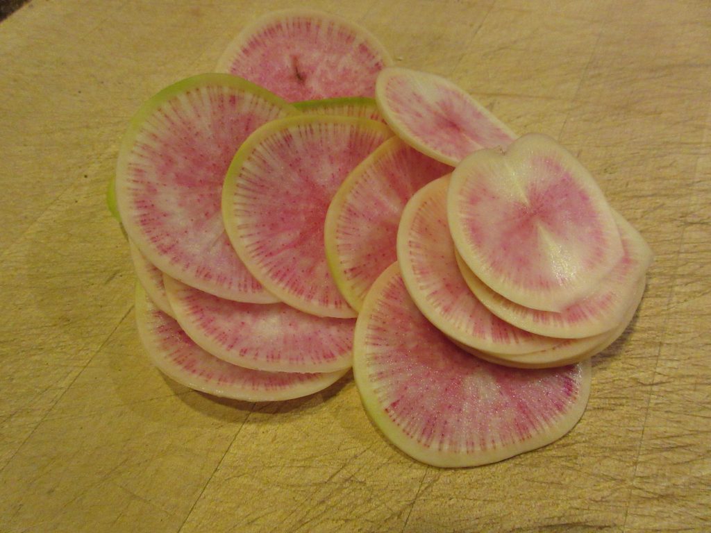 Sliced watermelon radishes