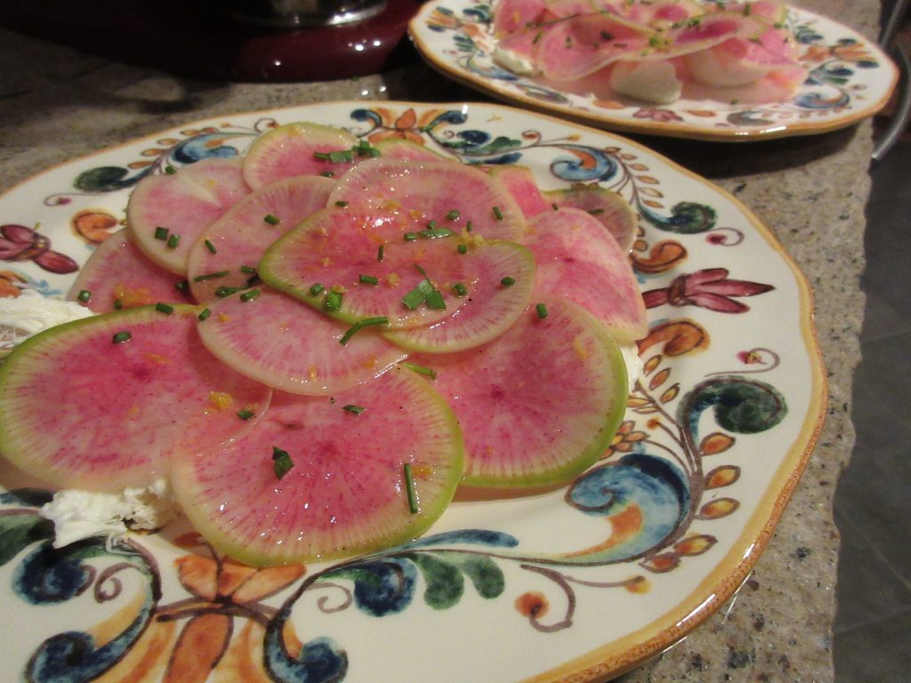 Finished watermelon radishes and burrata salad